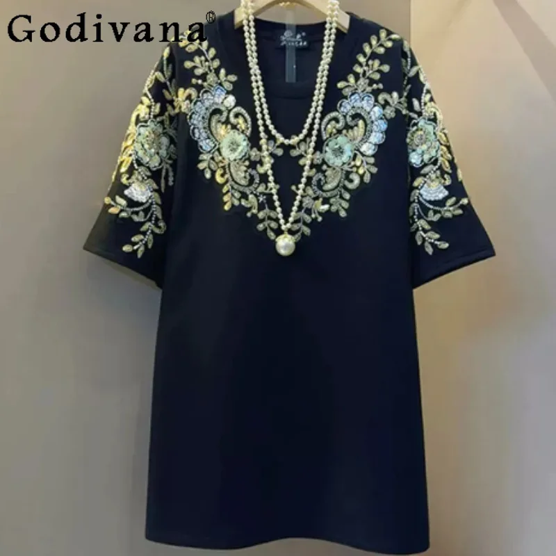 

Heavy Industry Black Diamond Flower Fashion Short Sleeve T-Shirt European Large Size Girl Summer Loose Leisure Crew Neck Tops