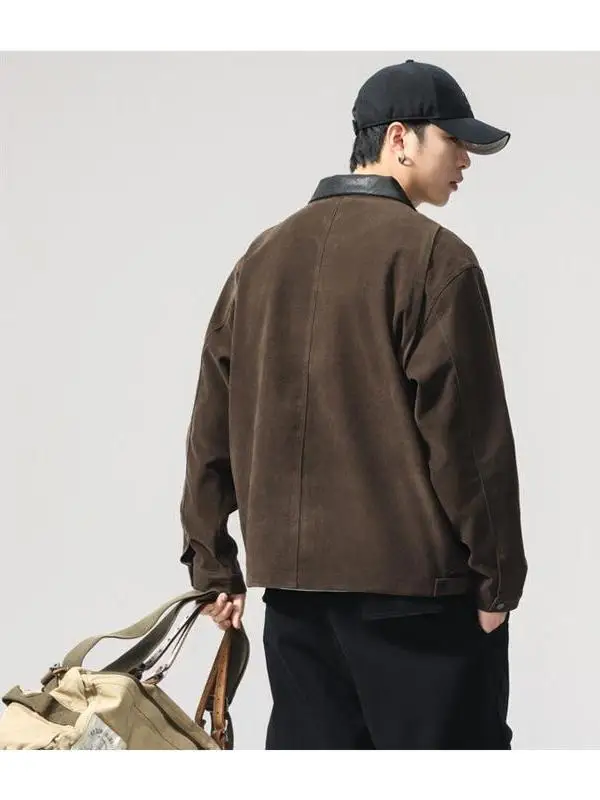 Свободная повседневная куртка из искусственной кожи контрастного цвета, рабочая одежда с лацканами, осеннее новое мужское пальто на молнии