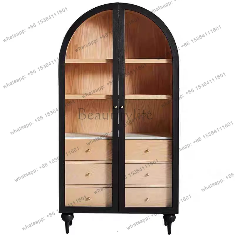

French retro black arched bookcase American solid wood glass double door display case