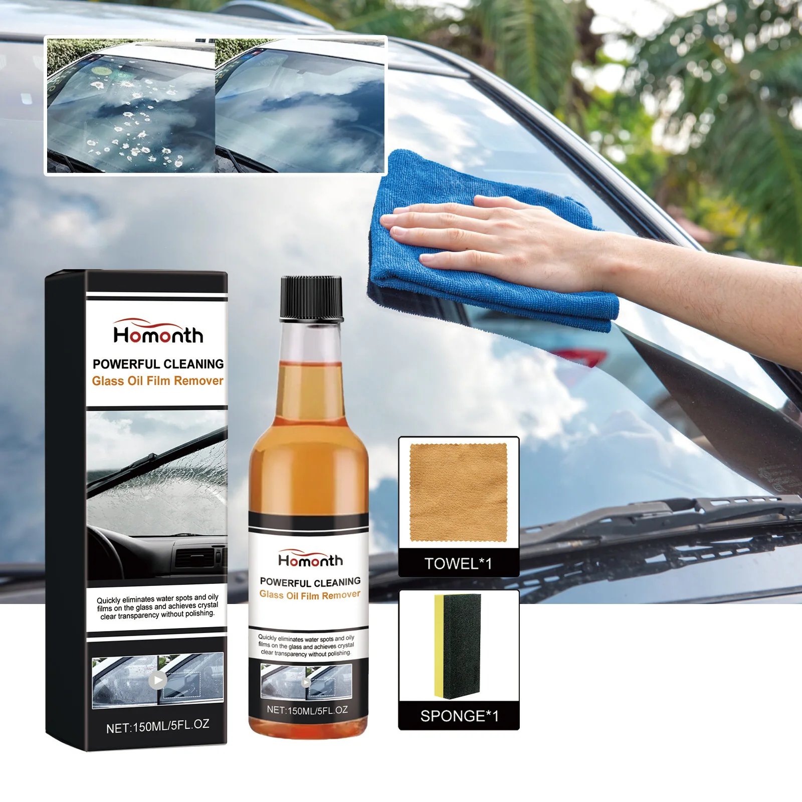 

Glass Stain & Oil Film Remover-Windshield Powerful Cleaner Improves Visibility Enhances Safety Suitable for Auto Household Glass