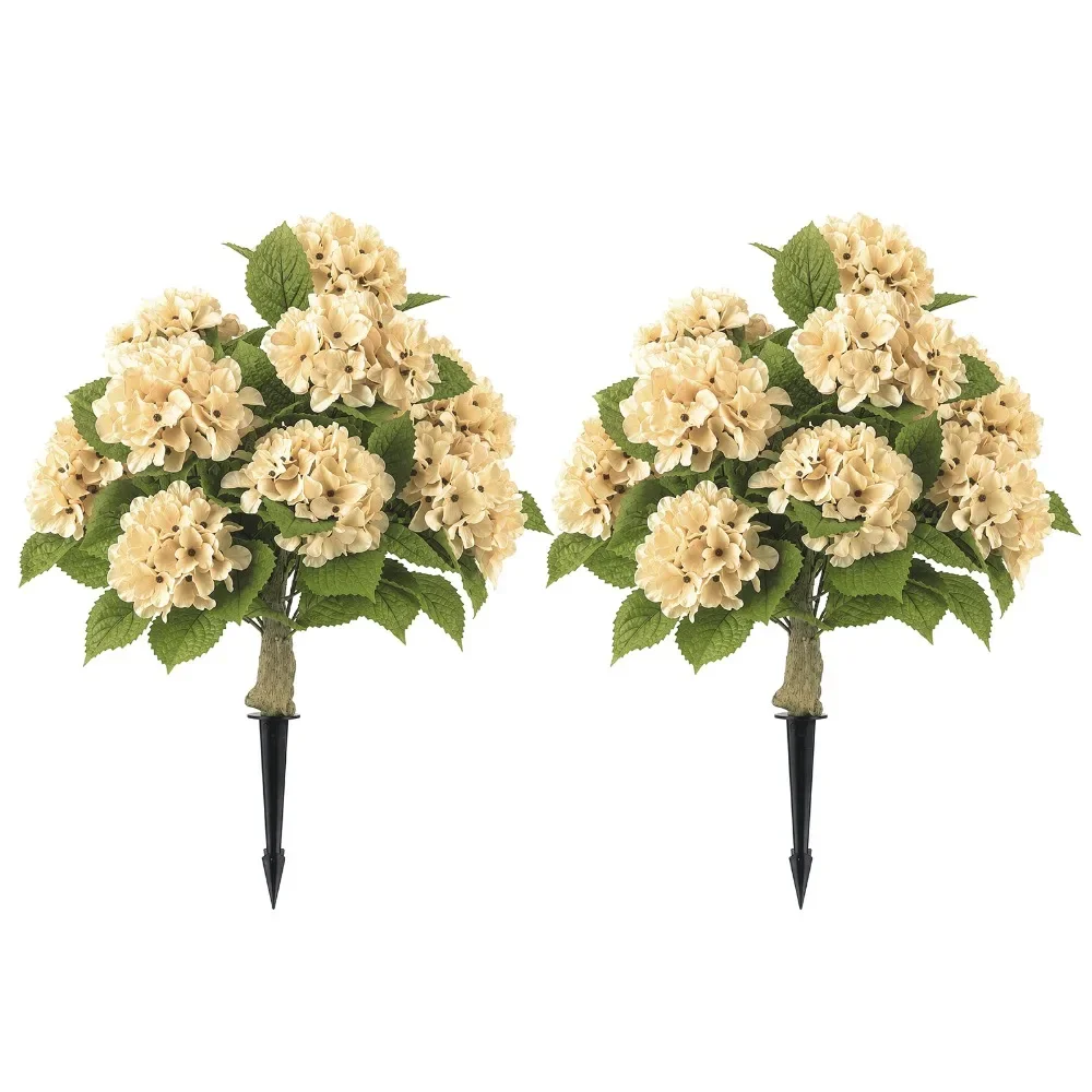 2Pcs Faux Hydrangea Potted Trees Real Touch Silk Blooms Full Look Fall Farmhouse Porch Entryway Decor Beige Outdoor