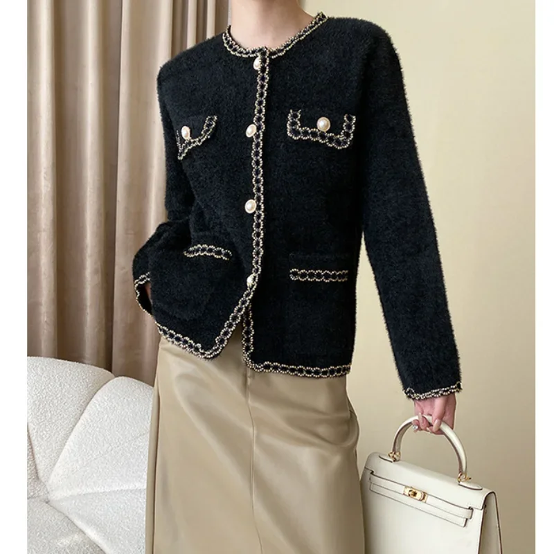 

Women Small Fragrance Soft Plush Black Knitted Jacket O Neck Imitation Mink Velvet Elegant Casual White Knitted Cardigan Jacket