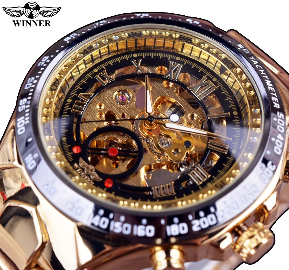 

Fashion Winner Top Brand Mechanical Sport Design Bezel Luxury Golden Full Steel Watches Mens Montre Homme Men Automatic Skeleton