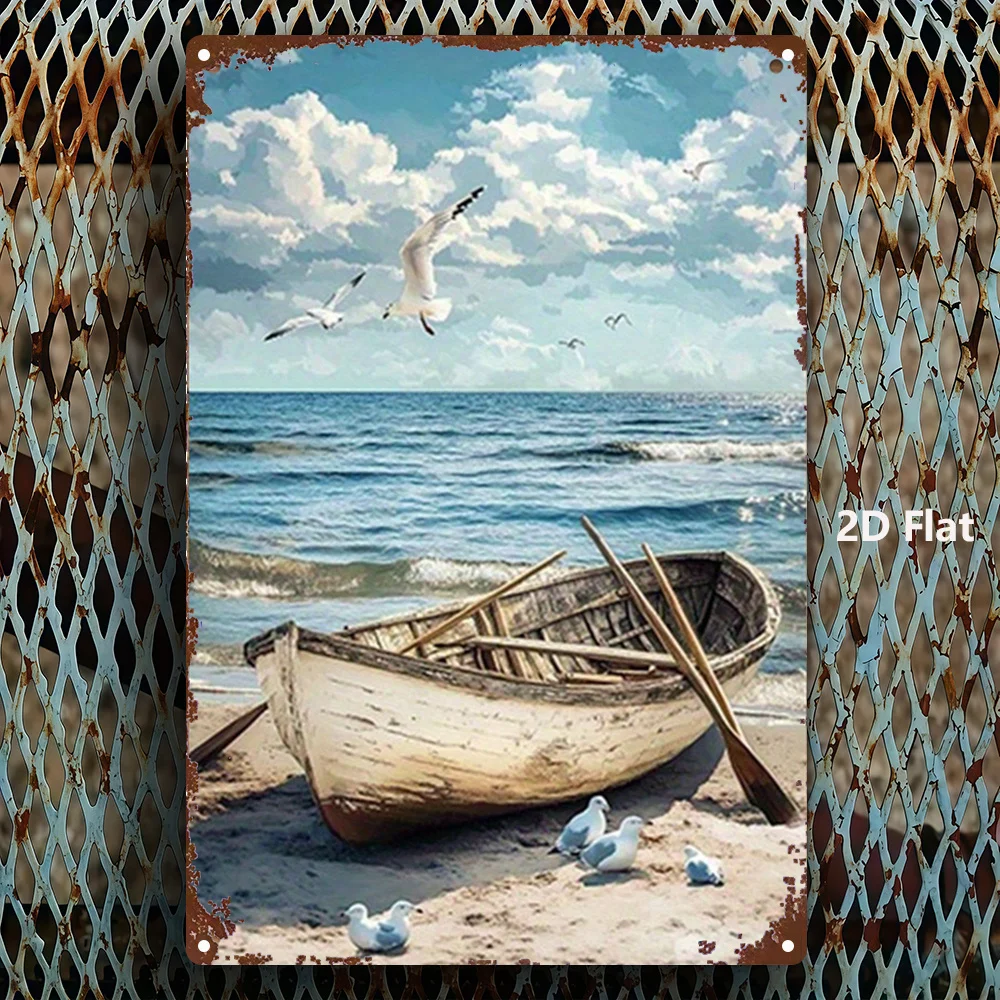 Letrero Metálico Decorativo de Playa y Barco, 20x30cm, Decoración de Pared Costera, Placa de Hierro para Sala de Estar o Casa