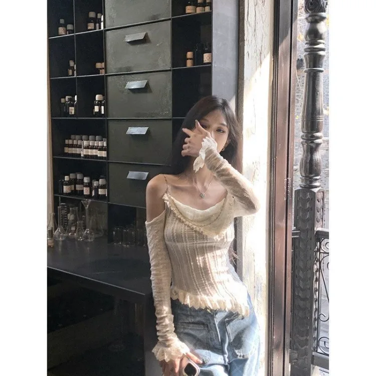 Fashion Sexy Off Shoulder Chains Lace T-shirts Y2k E-Girl Long Sleeve Knitted Blouses 2024 Summer New Slim Fit Tee Shirt Sweater