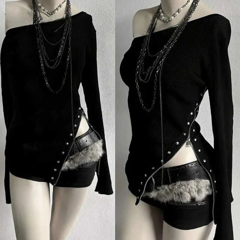 Y2K Aesthetic Grunge Punk Vintage Gothic Snake Print Long Sleeve Tops Women Slim Fit Tees Dark Basic T Shirt 2026 Fashion New