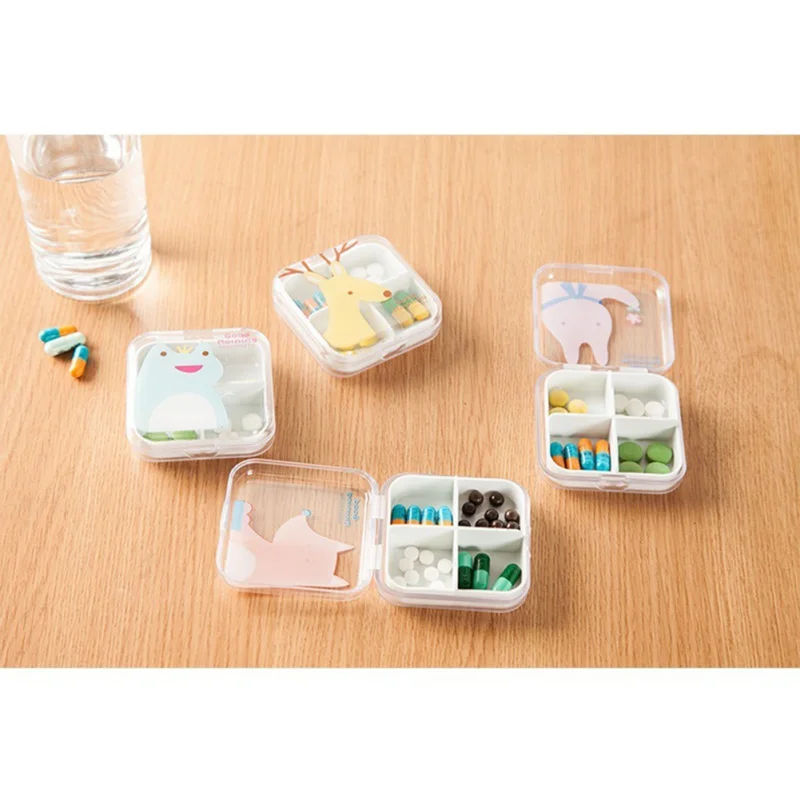 Mini boîte à pilules de stockage de médicaments de dessin animé mignon, étuis de récipient en plastique africain portables, accessoires de voyage transparents, 4 emplacements