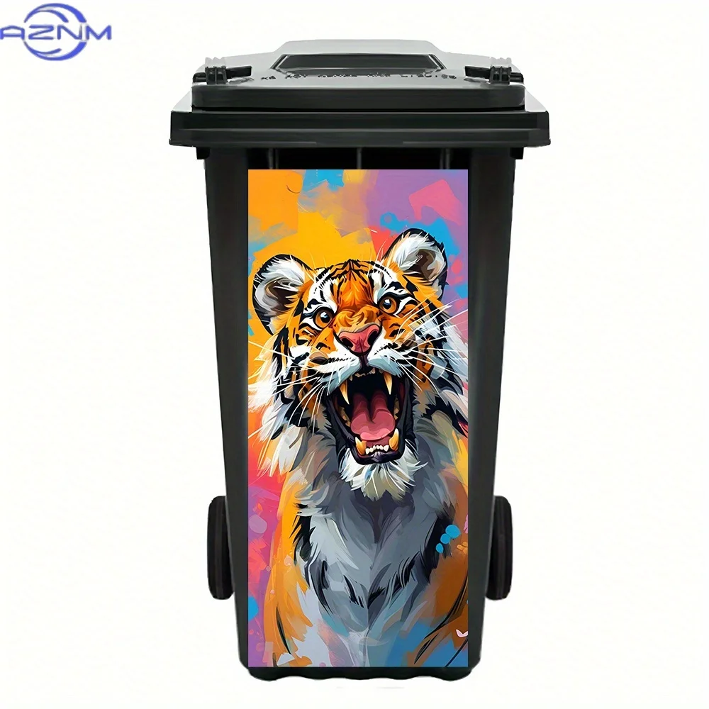 1pc Roaring Tiger PVC Sticker - Vibrant Colorful Background, Self-Adhesive Animal Print Decal for Trash Cans & Walls, Durable