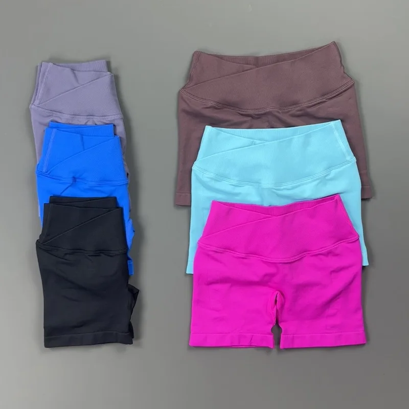 Crossover V Waist Ribbed Biker Shorts Women High Waist Tummy Control Stretch Soft Seamless Workout Yoga Running Sports Shorts