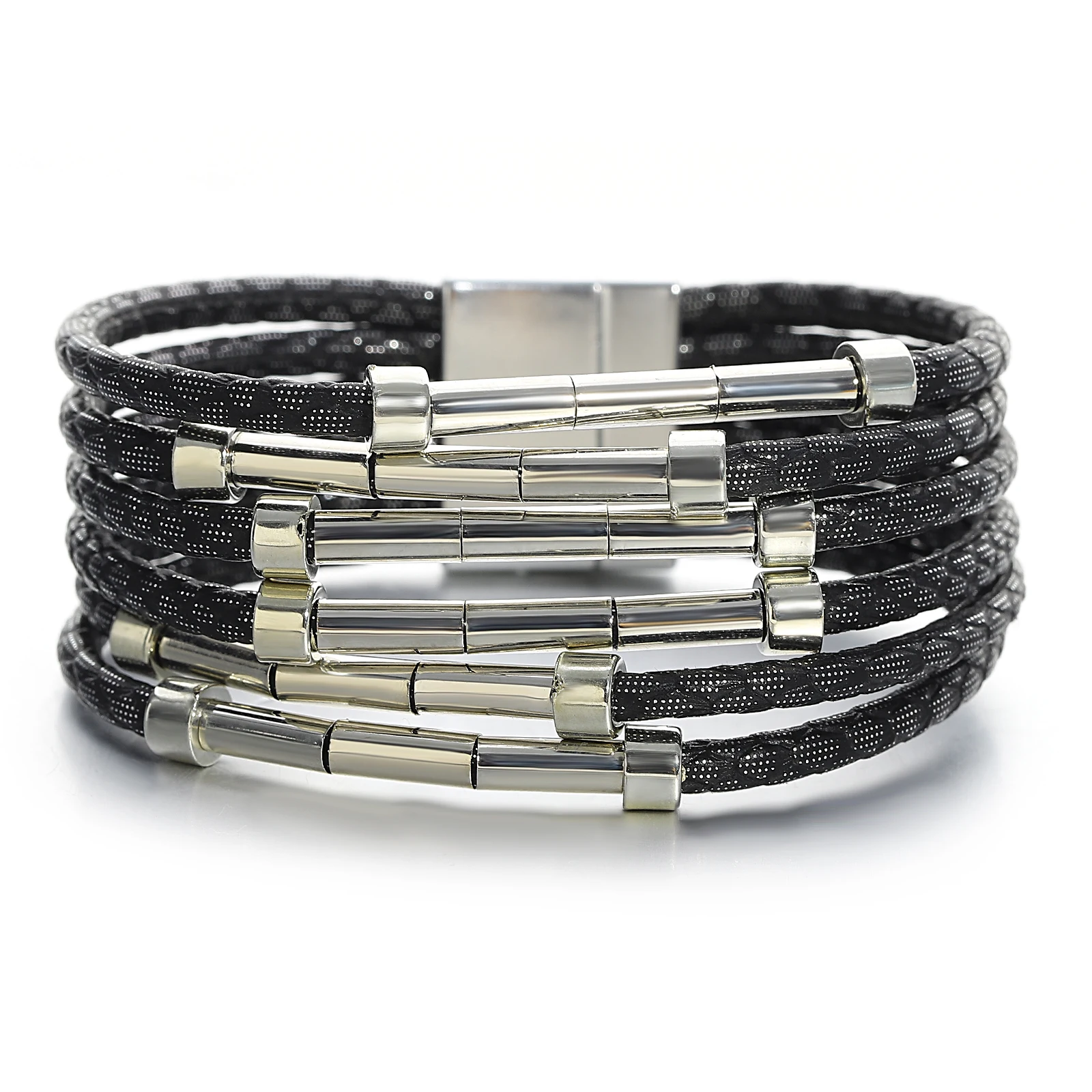 

Amorcome Punk Metal Bar Tube Beaded Bracelets for Women Men Vintage Multilayer Leather Rope Wrap Bracelet Holiday Jewelry Gift