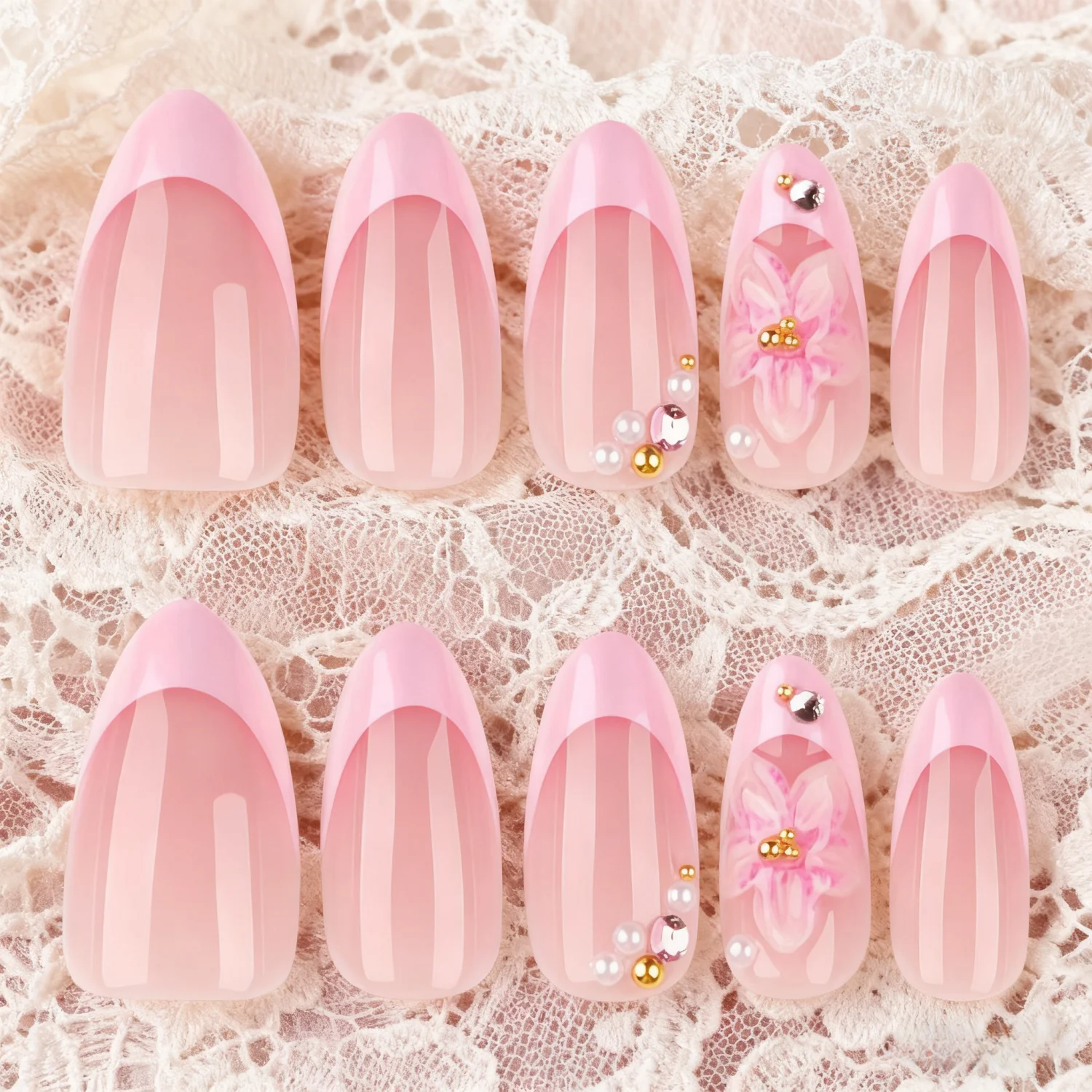 

24PCS French Almond False Nails Flower print Design Nail Art Set With Detachable Fake Nails For Festival- Date And Daily Wear