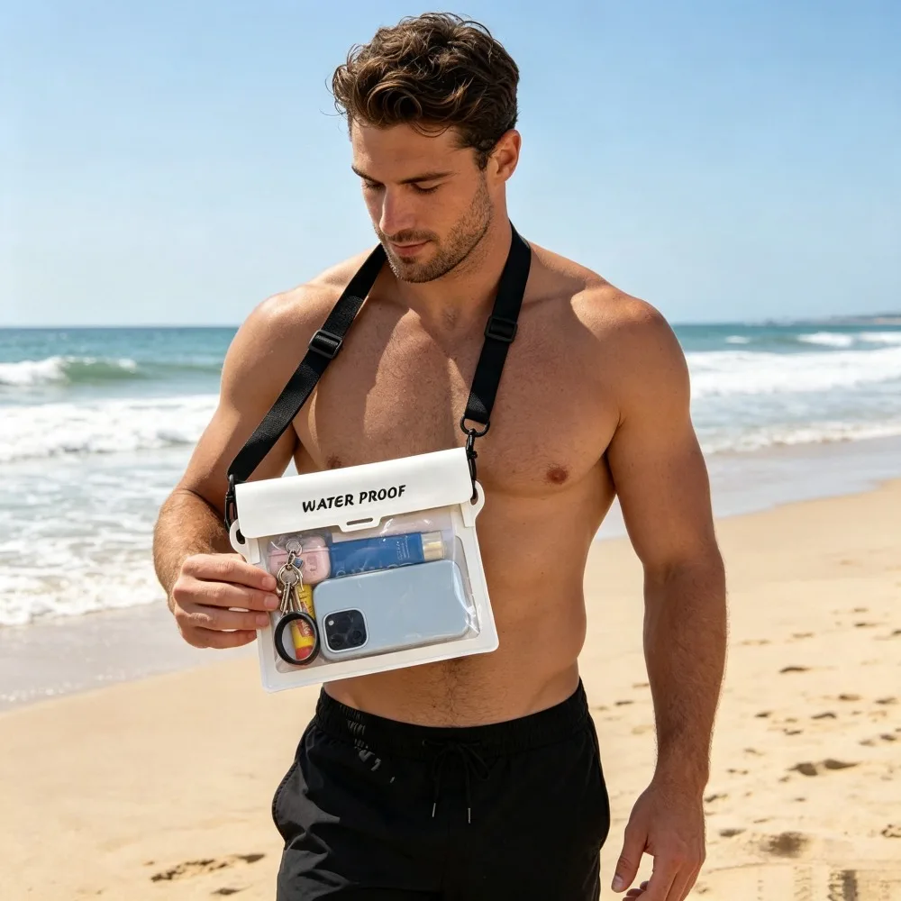 Waterproof Crossbody Beach Bag White 1 Pack, Touchscreen Large Phone Dry Pouch, Outdoor Waterproof Storage Bag for Swimming Rafting Surfing Water Activities