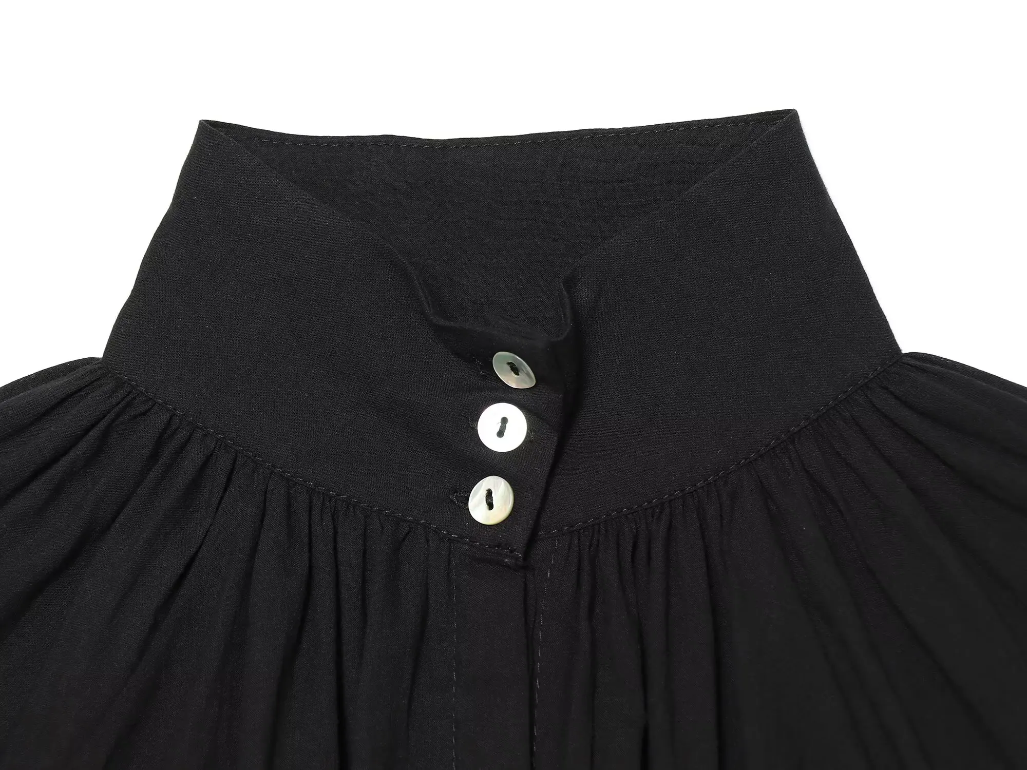 BSAY 2026 Sommer Damen Elegante Einfarbige Hochgeschlossene Langarm-Bluse mit Gerafftem Saum und Kordelzug Locker Sitzende Lässige Schwarze Bluse – Detail 9