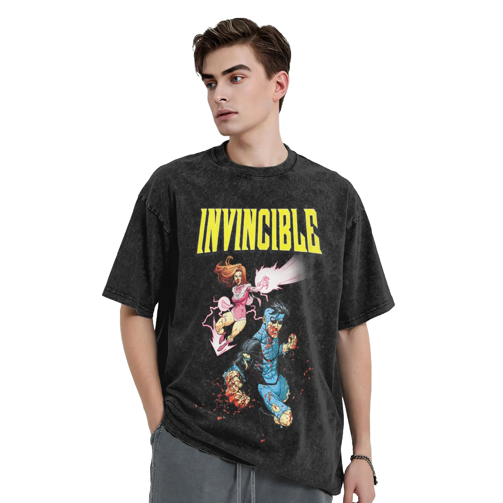 Washed T Shirt Invincible and Atom Eve Attack T-Shirt High Street  Streetwear 100% Cotton Graphic Printed Tops Tees Men Women