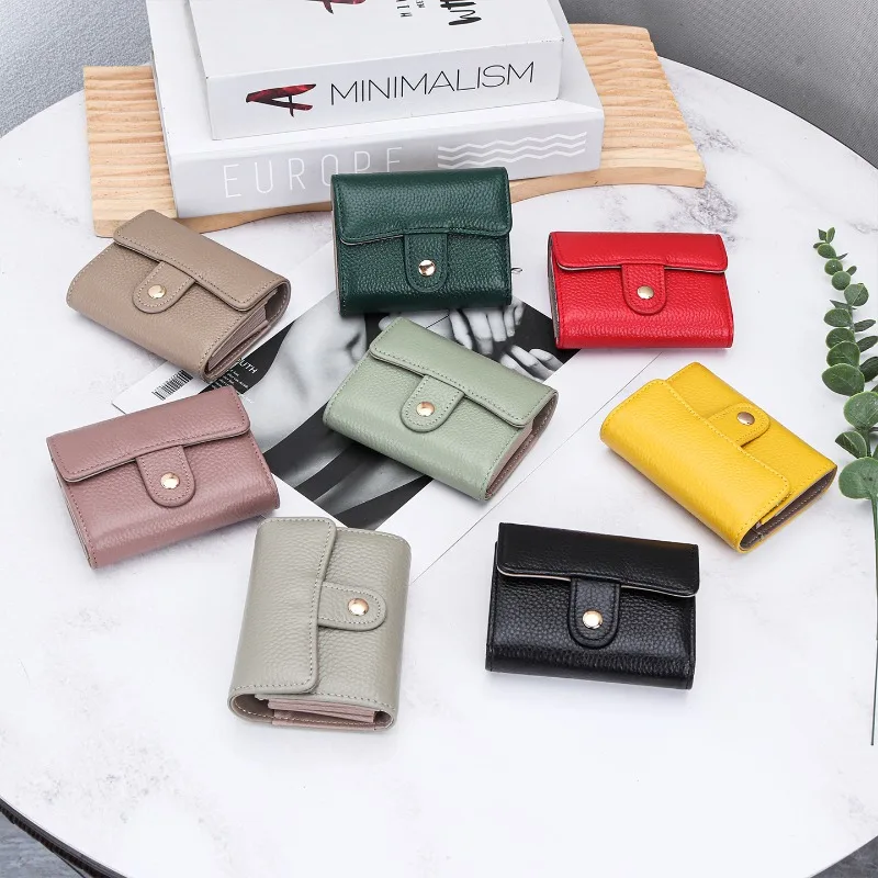 Portable Genuine Leather RFID Protection Card Wallet, Snap Button Mini Coin Purse, Unisex Small Pocket Wallet for Credit Cards