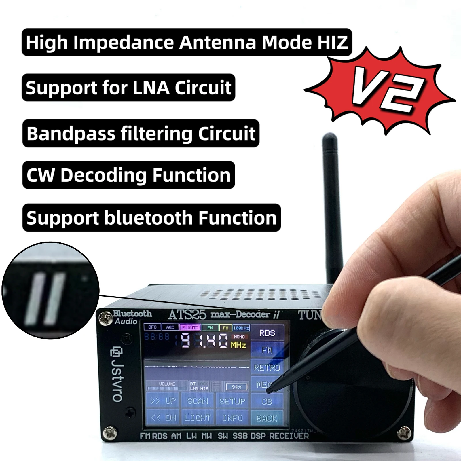 ATS-25MAX Decoder V2 Touching Screen Portable Full Band Radio Receiver with HAM Frequency Modulation CW Decoding WiFi LNA BT