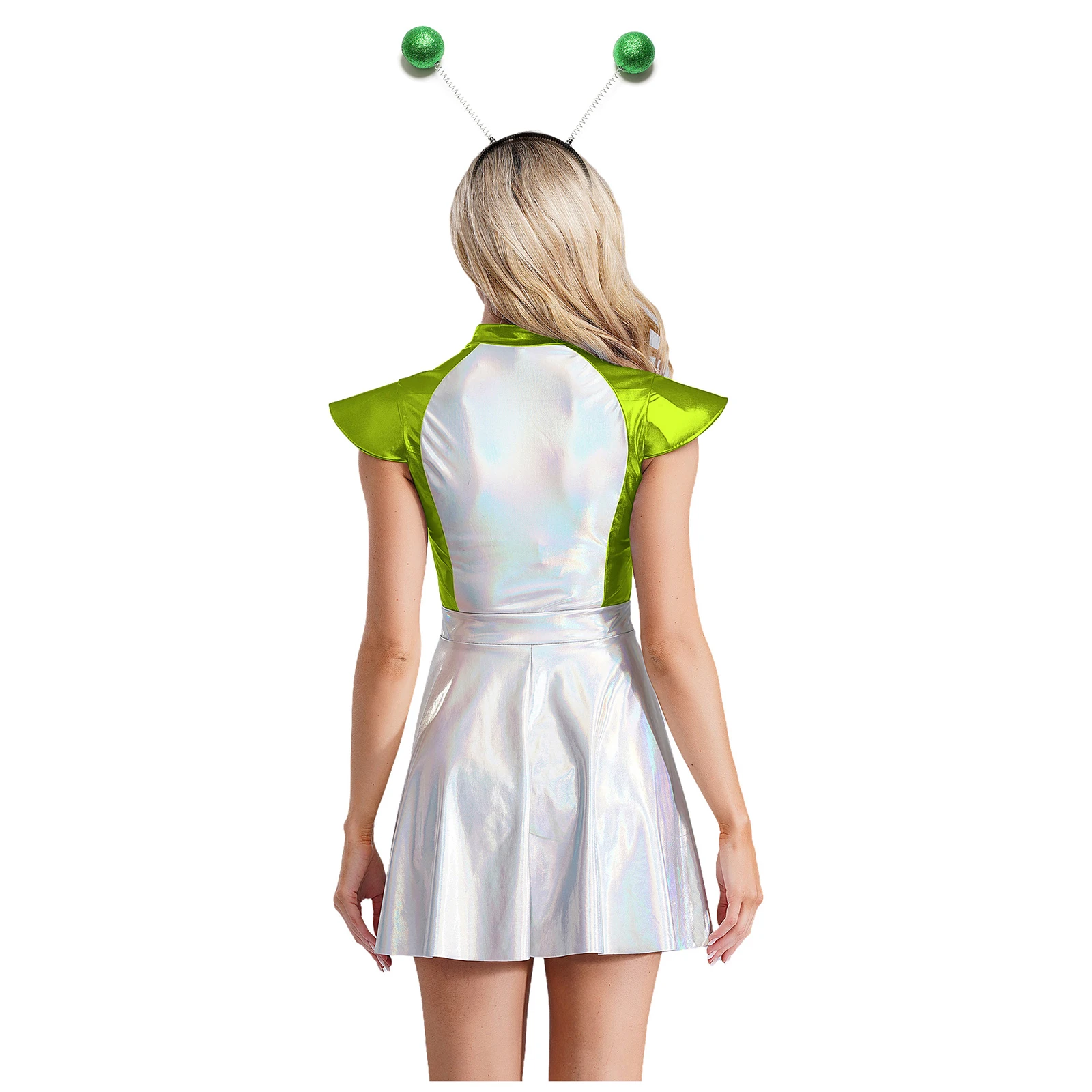 Costume de cosplay extraterrestre pour femme, robe scintillante avec mancherons, cerceau à cheveux, cosplay de l'espace extra-atmosphérique, robe de carnaval, habillage d'Halloween