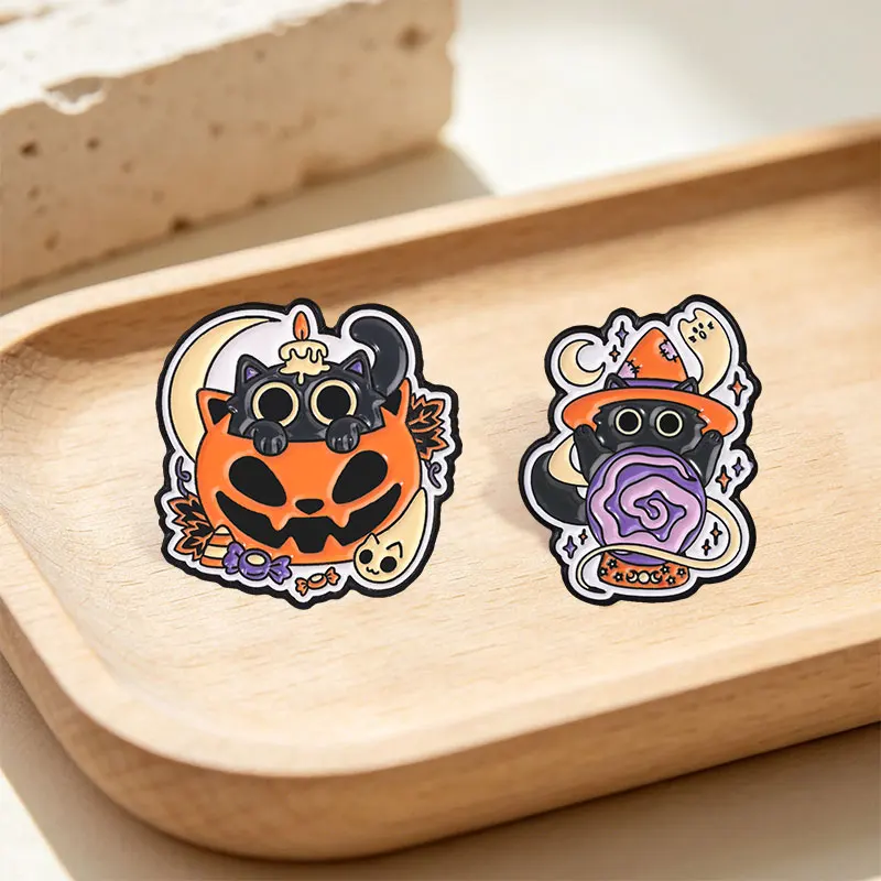 Gotische Geisterkatzen-Trankflaschen-Emaille-Pins Halloween-Hexe Schwarze Katze Kürbis Kristallkugel Broschen Anstecknadel Schmuck Geschenke – Detail 6
