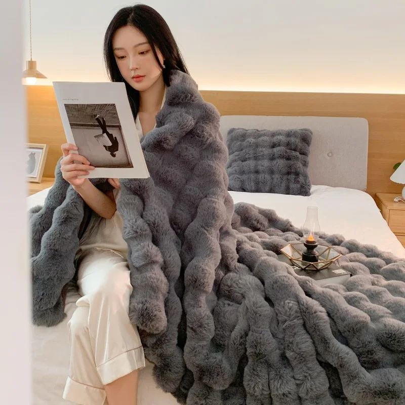 Super Soft Faux Rabbit Fur Blanket All Seasons Camel Bubble Blanket for Bedroom Bed Sofa Winter Home Decor