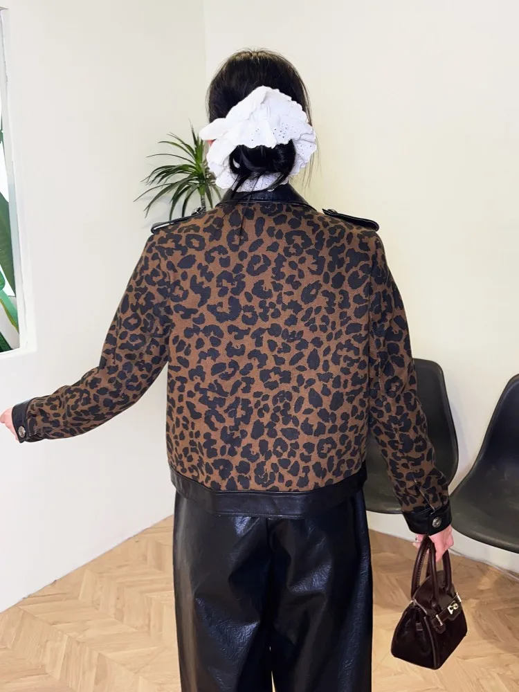Fashion Women New Style Real Sheepskin Patchwork Leopard Print Jacket Notched Collar Single Breasted Lady Short Motorcycle Coats