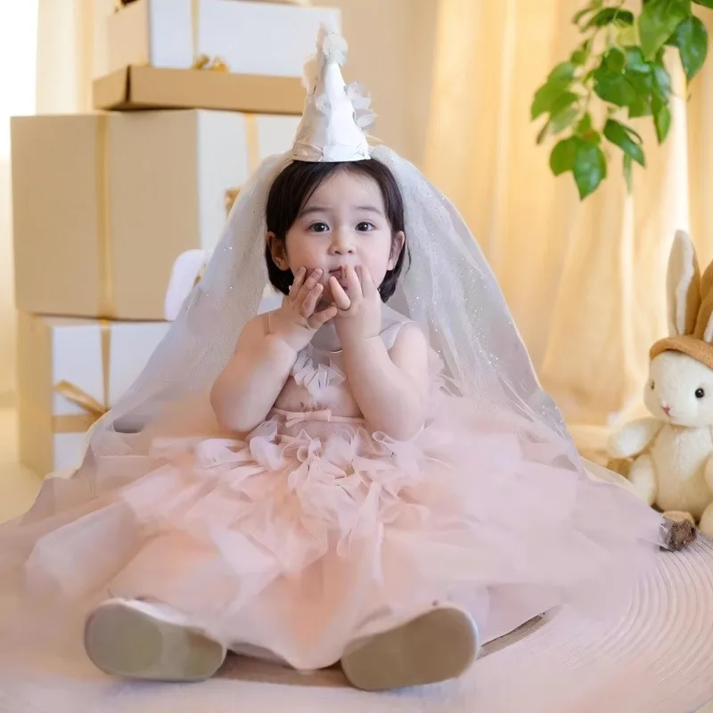 

Pink Baby Girl First Birthday Princess Sweet Tutu Net Lace Gown Infant Formal Party Outfit Cute Girls Christening Celebration