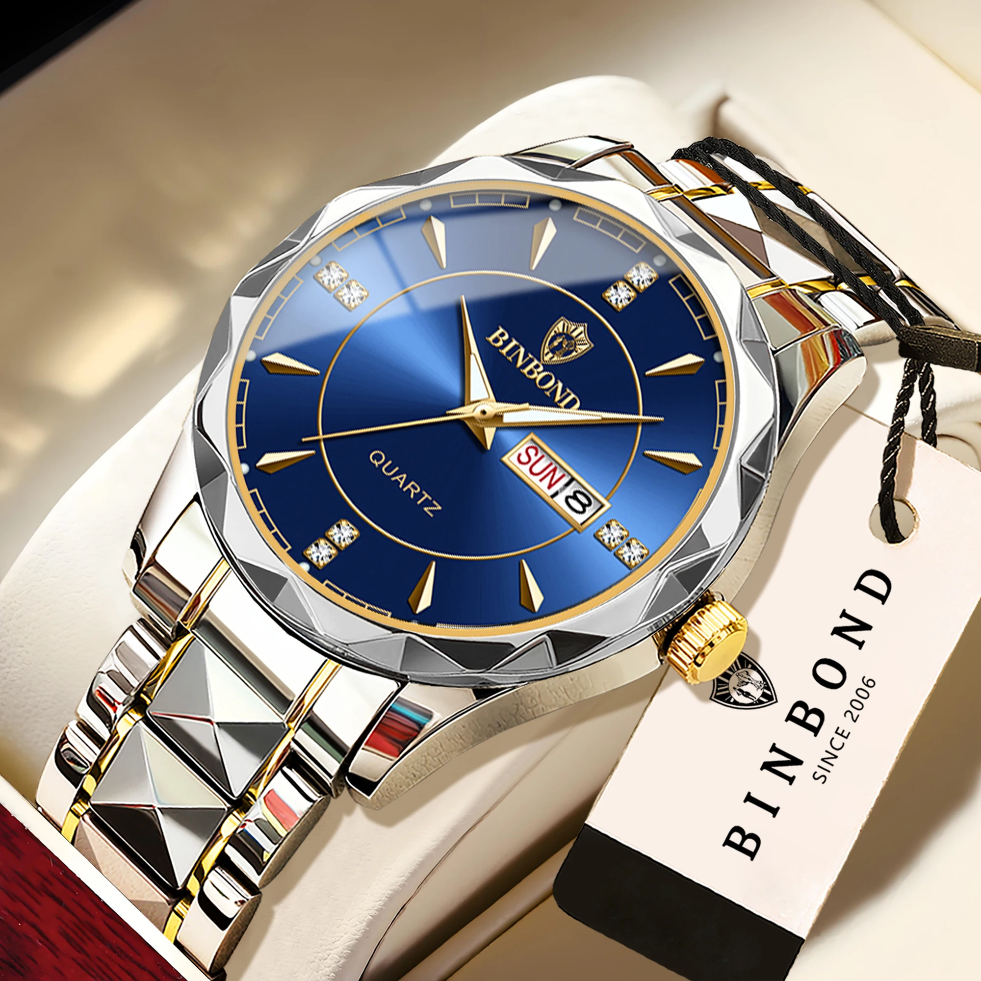 BINBOND Präzise Quarz-Armbanduhren für Herren Luxuriöse Leuchtende Langlebige Wasserdichte Wochentags- und Datumsanzeige Herrenuhr Business Casual Reloj