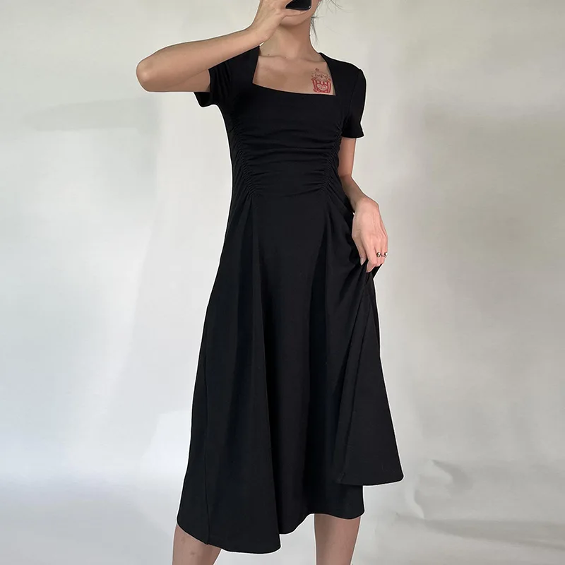 

2024 Summer Women's Square Collar Dress Draw-drawn Waist To Show Slim Short-sleeved Skirt