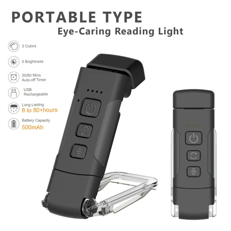 Reading Lights for Books in Bed Portable Clip-on LED USB Rechargeable Lamp Eye-protection in 5 Brightness 30/60min Timer