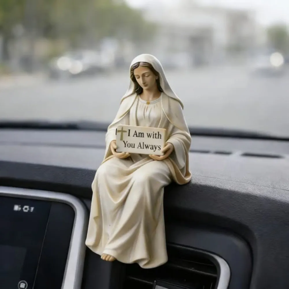 Estátua de Resina Jesus Sentado com Mensagem 'Estou Contigo Sempre', Estátua Religiosa para Mesa