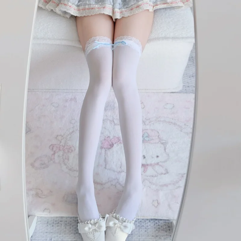 Elegante, durchsichtige, weiße, oberschenkelhohe Spitzensocken für Damen mit Schleife – süße Lolita-Cosplay-Strümpfe für den täglichen Gebrauch, sexy Geschenkstrümpfe – Detail 12