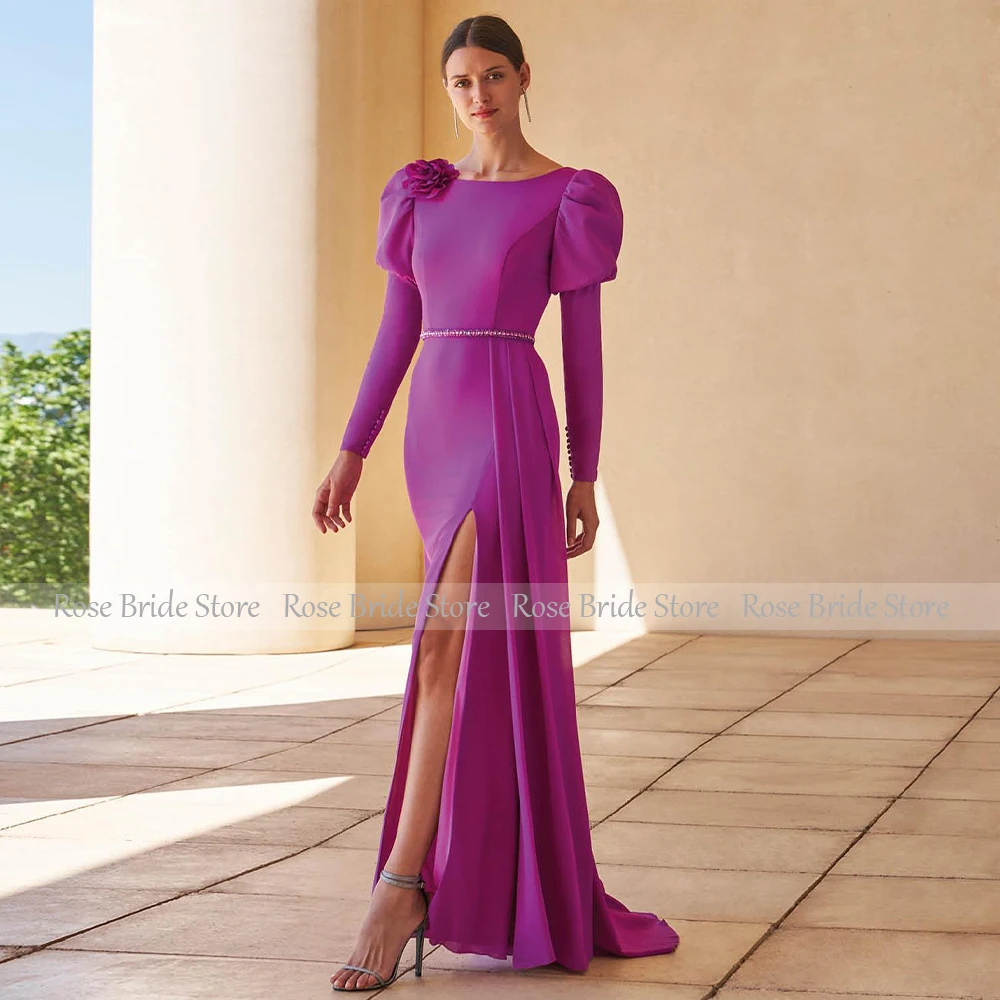 Fuchsia Wedding Guest Dresses for Women 2024 Long Sleeves Mermaid Formal Evening Gowns Trumpet Side Slit Boat Neck Party Dress