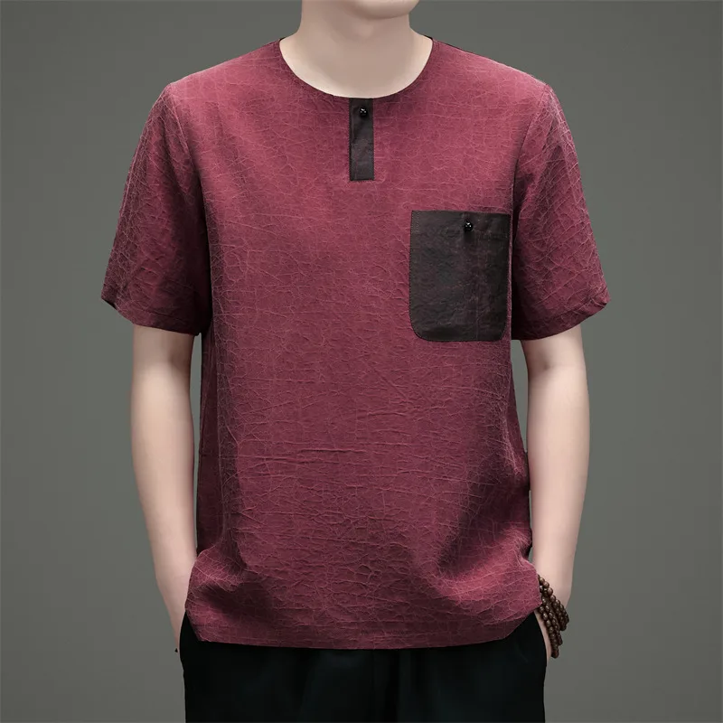 Patchwork Pocket Premium T Shirt For Men Short Sleeve Silk 100% Summer Top Quality Lightweight Skin-Friendly Camisetas De Hombre