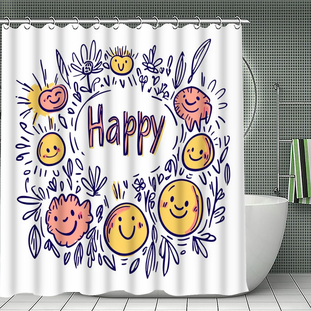 Happy Face Floral Shower Curtain 1pc with 12 Hooks for Bathroom Home Decor Polyester 2D Flat Print 70.8x70.8 Inch