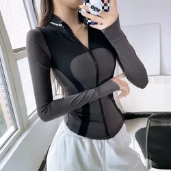 Outdoor Running Sports Short Coat Women's Tight Stand Neck Thin Jacket Zipper Elastic Top Sunscreen Yoga Long Sleeve Slim Tshirt