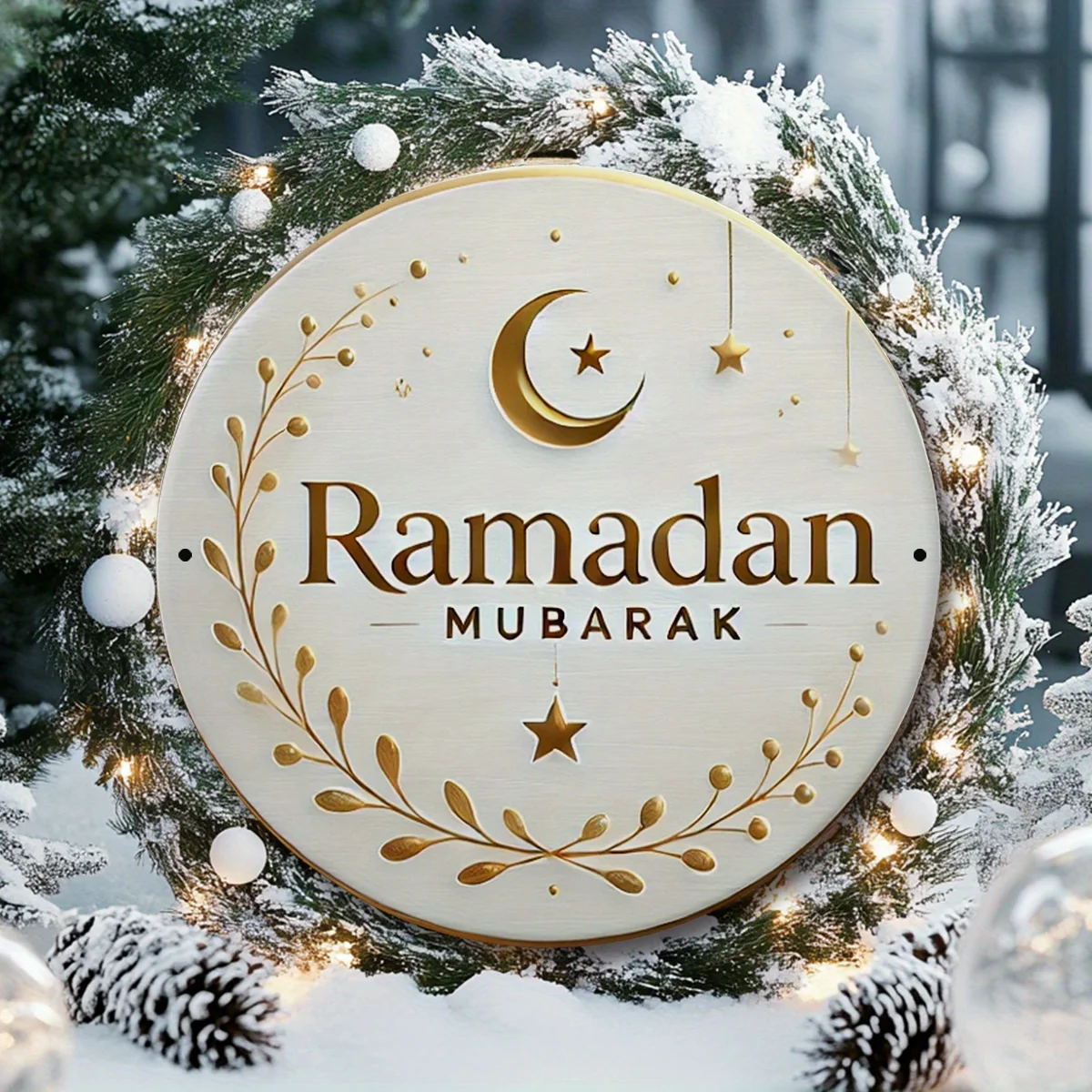 Vintage Ramadan Mubarak High Definition Metal Wall Art Sign Eid al Fitr Golden Half Moon and Stars Floral Wreath Iron Painting f