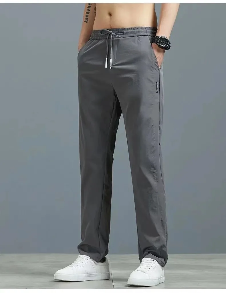 Men's Summer Ice Silk Casual Pants Loose Straight Leg Quick Dry Trousers Elastic Waist Thin Sweatpant