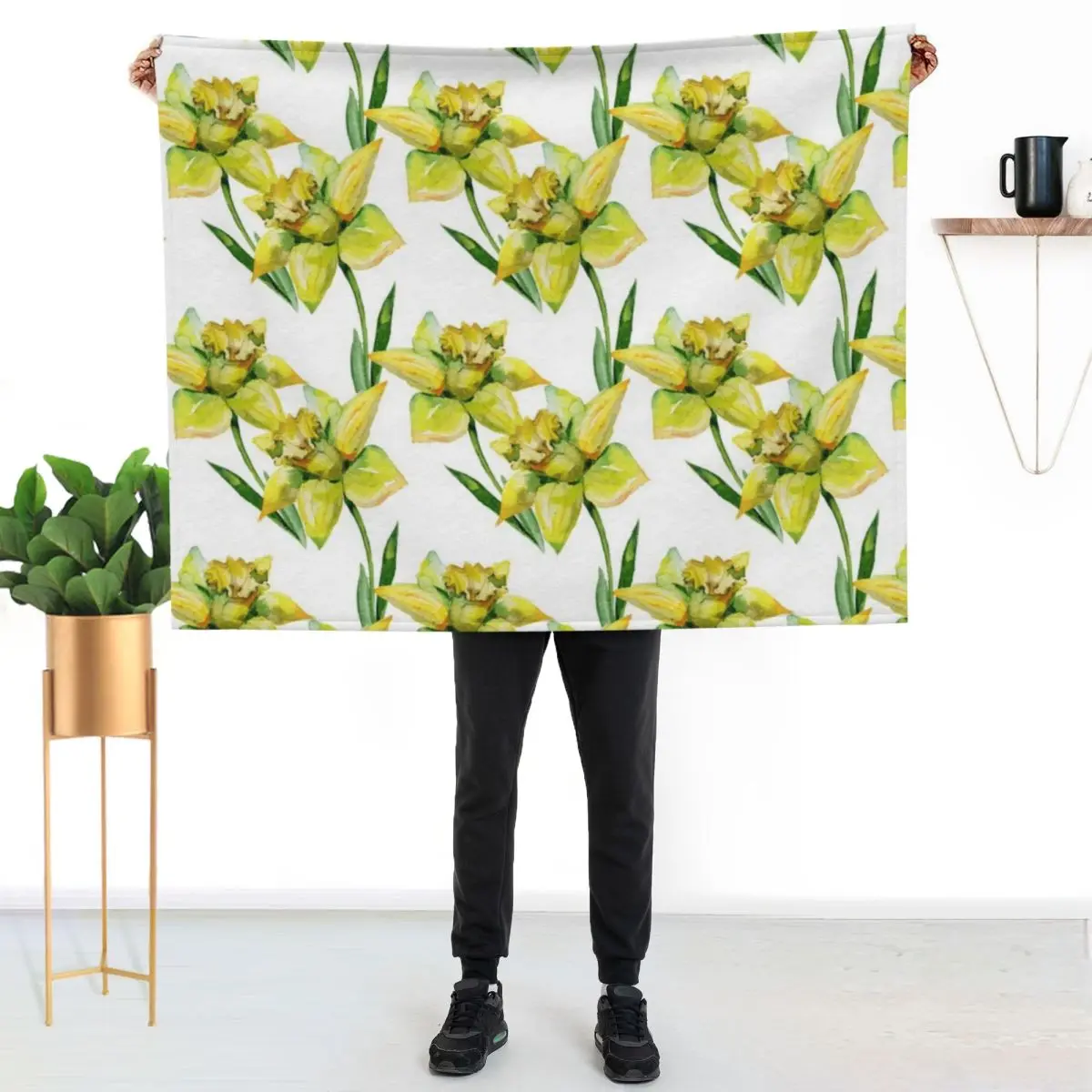 

Spring hand painted yellow green watercolor daffodils floral Throw Blanket Elegant Warm Throw Blanket for Hotel Home