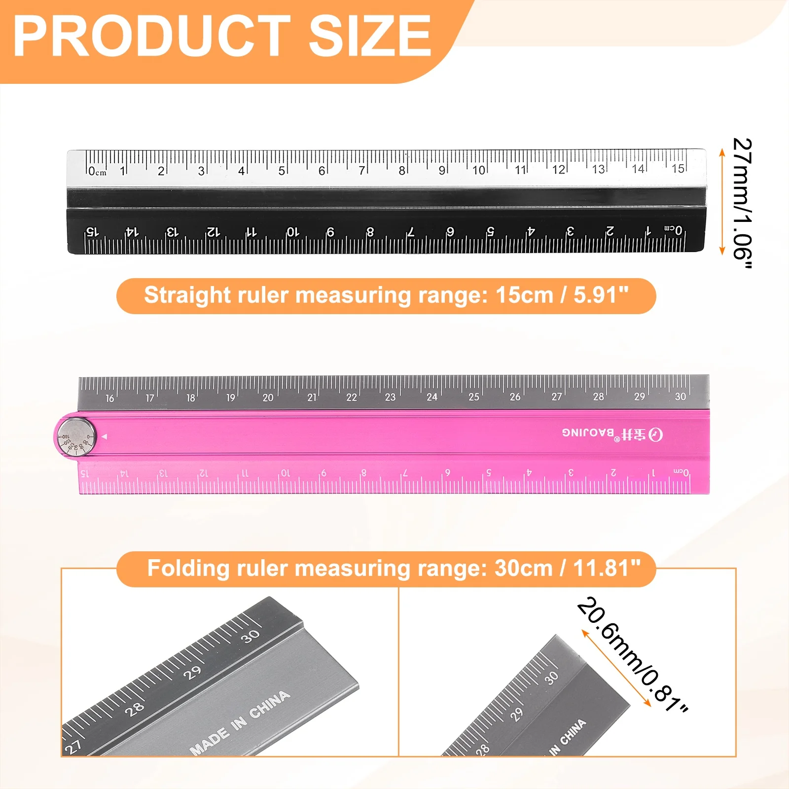 Folding and Straight Ruler Kit 30/15cm Metric Aluminum Alloy Plastic Protractor Foldable Angle Ruler for Home Classroom Office