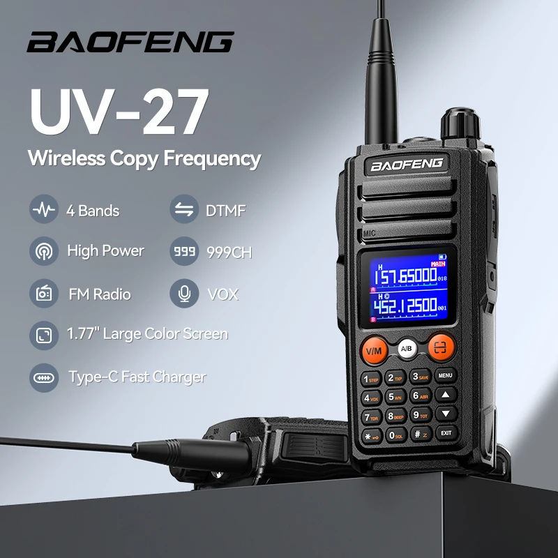 Baofeng UV-27 Walkie Talkie Type-C High Power FM Radio NOAA 999CH Wireless Copy Frequency Long Range Portable Two Way Radio DTMF