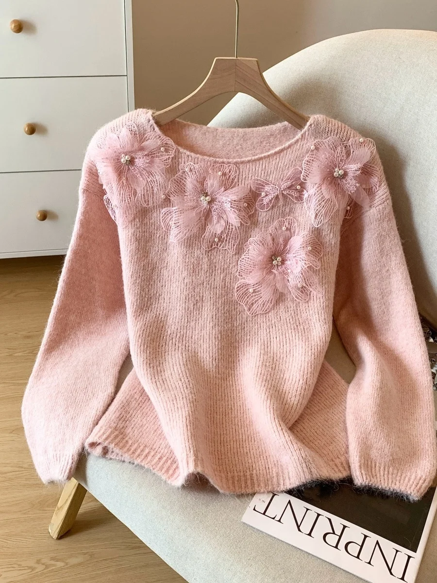 

Женский вязаный свитер Ele Lace с 3D цветами, свободный крой, модный, осенне-зимний, новый, в стиле Lazy, омолаживающий эффект