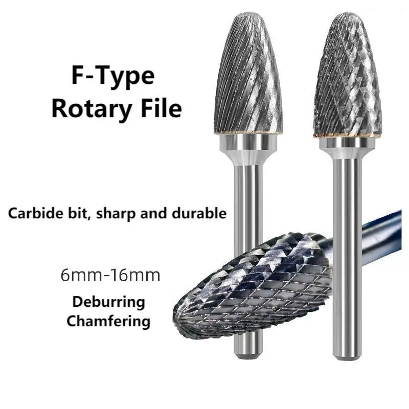 6mm F Type Head Tungsten Carbide Rotary File Tool Drill Milling Carving Bit Tools Point Burr Die Grinder Abrasive for Metal Wood