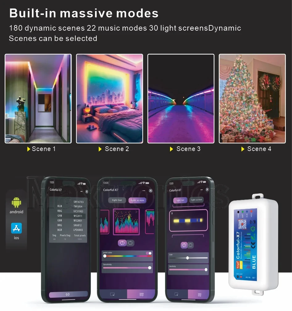 HOt Colorful-X7 TUYA Wifi/ BT Music Led RGB Strip Controller DC5-24V Smart App Control For WS2812B WS2811 SK6812 LED Strip Lamp