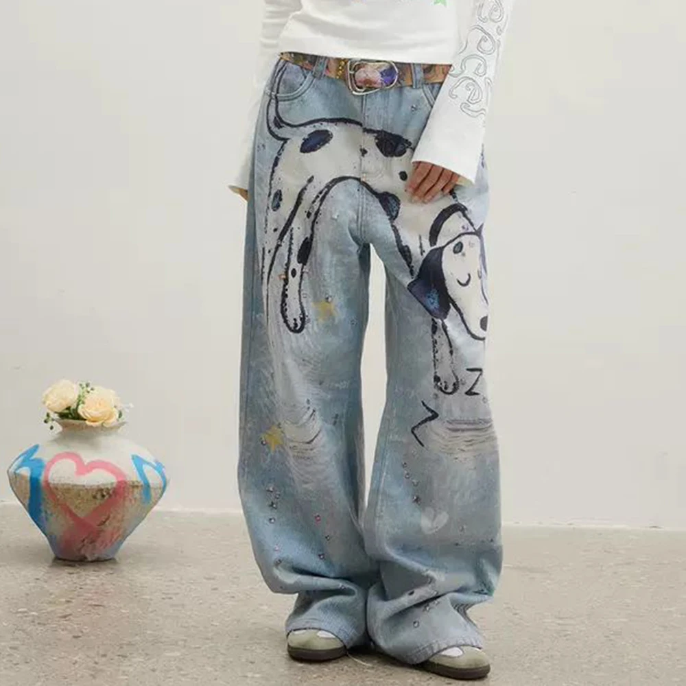 Niche design hand-painted Dalmatian jeans broken diamond printed straight-leg pants  streetwear women korean
