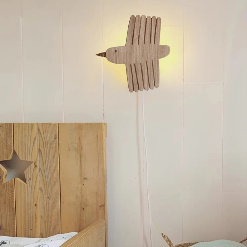 Swedish Designer Fairy Tale Style Wooden Bird LED Wall Lights Modern Romantic Children's Room Decoration Bedroom Study LED Light