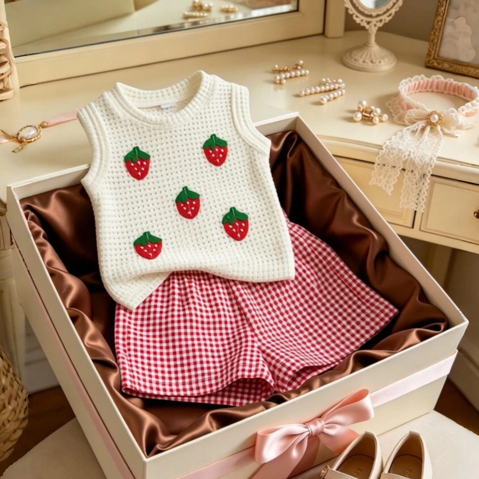 2-Piece Set Baby Girl Summer New Outfit Cute Strawberry Red Checkered Top And Bottom Children'S Clothing 6 Months To 3 Years