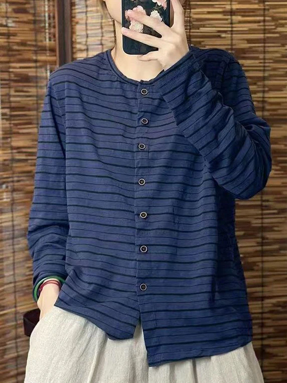Retro Striped Long Sleeve T-Shirt Loose Slimming Large Size Women's Base Shirt Top Casual Style Universal Fit round Neck Butt...