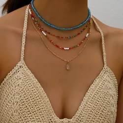 Bohemian Multilayer Handmade Beads Chain Fashion Necklaces Tassels Moon Star Crystal Pendant Jewelry For Women Accessories N0358
