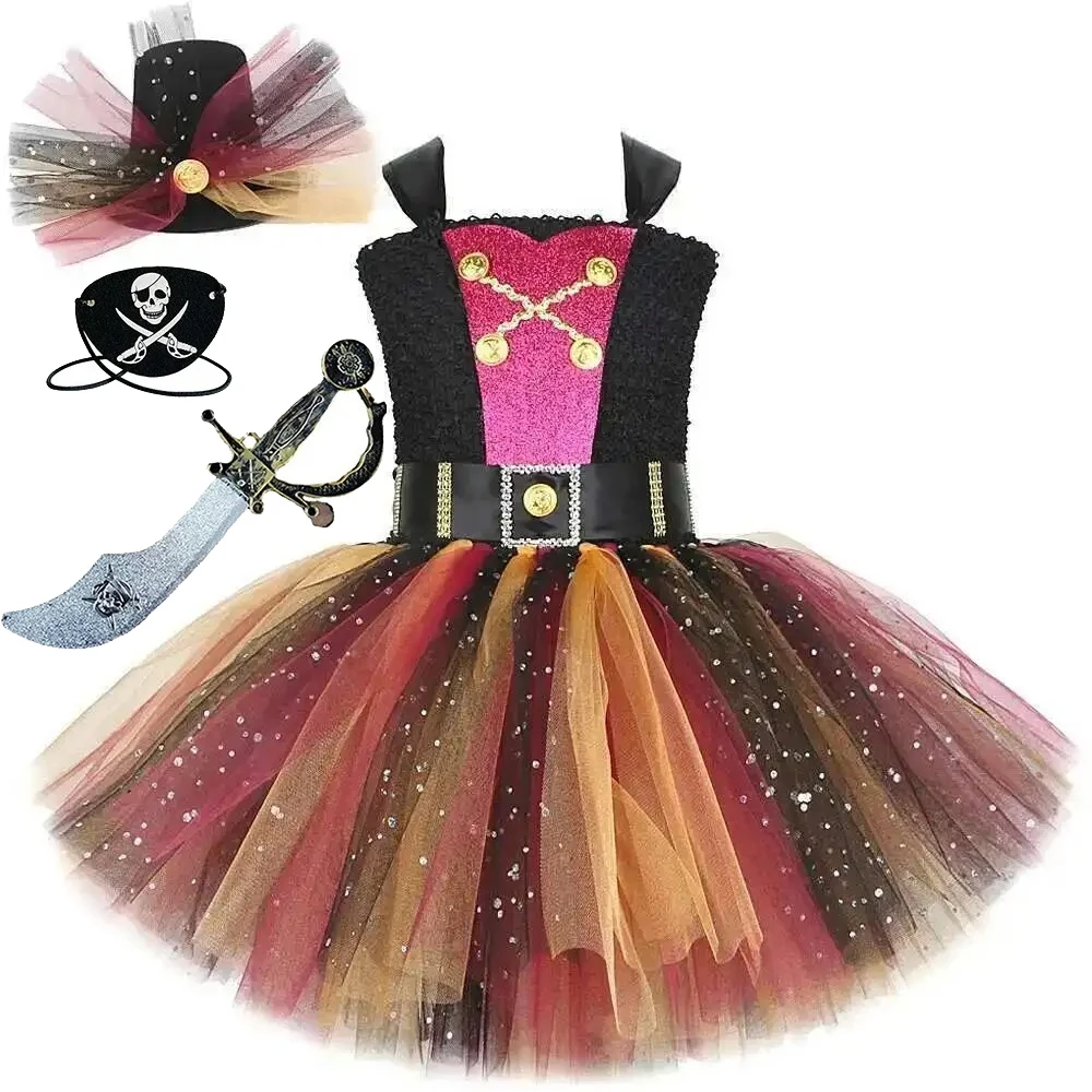 Fluffy Sparkly Pirate Costume for Girls Halloween Lined Tutu Dress with Eyes Patch Hat Sword Kids Carnival Party Disguise Outfit