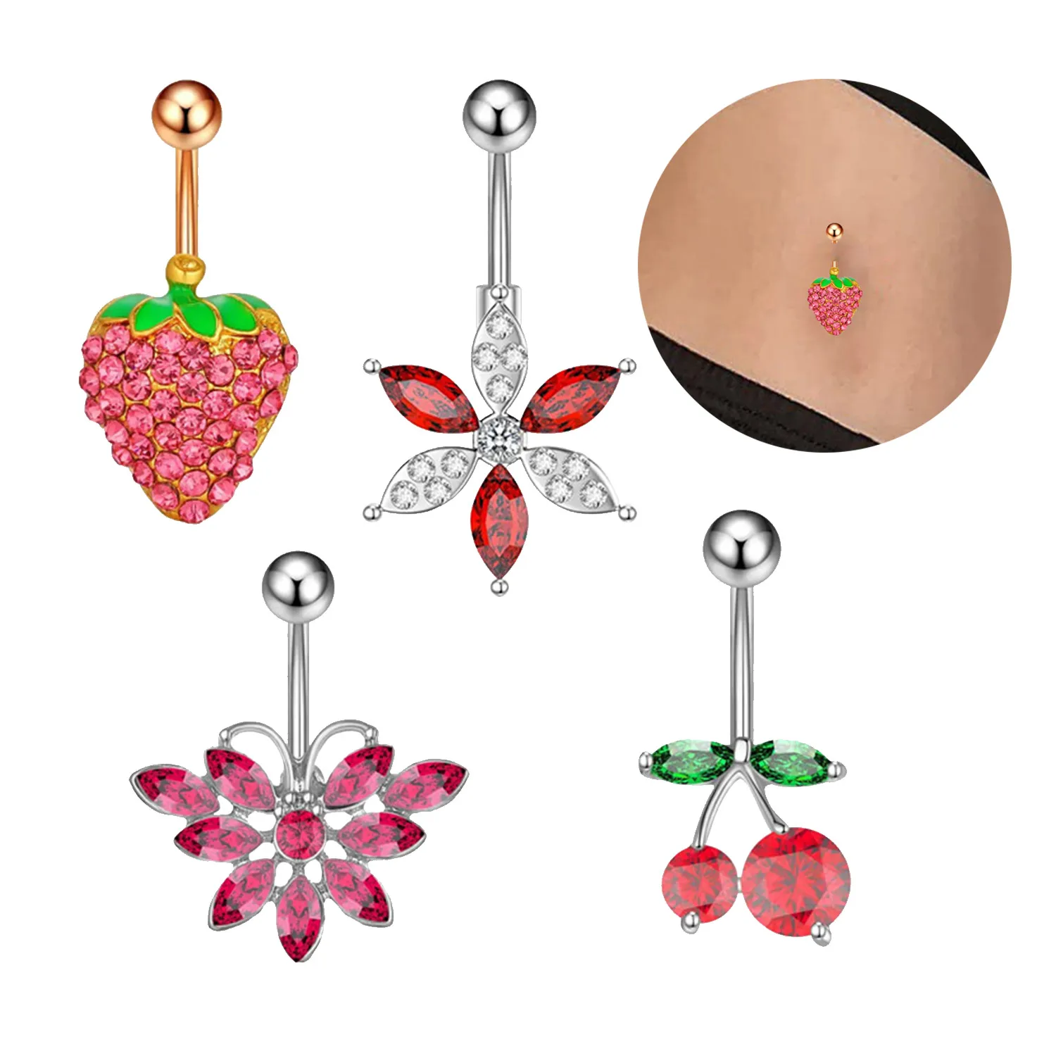 Flower Belly Ring Belly Bar Navel Jewelry Body Piercing Cherry Navel Ring Belly Navel Button Ring Barbell Body Piercing Jewelry