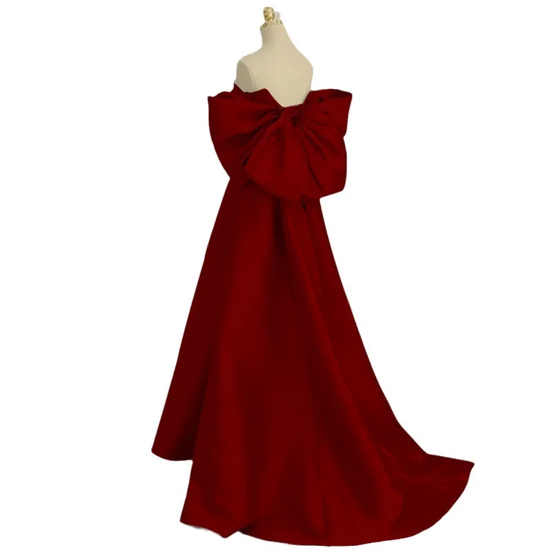 Cute Sexy Strapless Burgundy Wedding Dress Elegant Back BigBow A-Line Maxi Dress Formal Party Dress Sweet Princess Banquet Dress